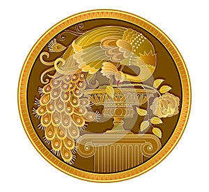 Ancient coin with gold peacock. Fantasy ornament for logo, icon, dish, tattoo. Medallion with fairy tale bird. Circle vintage