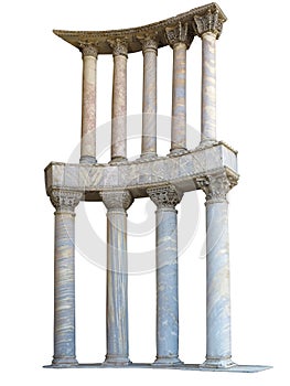 Ancient colonnade marble stone columns isolated on white background