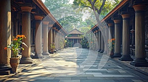 Ancient colonnaded temple courtyard