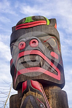 Ancient colorful Totem Pole in Duncan, British Columbia, Canada.