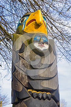 Ancient colorful Totem Pole in Duncan, British Columbia, Canada.