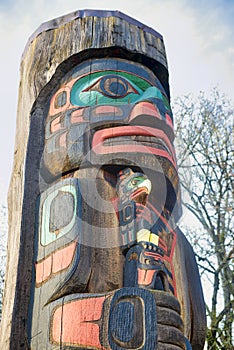 Ancient colorful Totem Pole in Duncan, British Columbia, Canada.