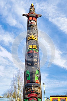 Ancient colorful Totem Pole in Duncan, British Columbia, Canada.