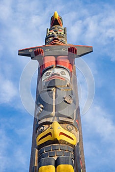 Ancient colorful Totem Pole in Duncan, British Columbia, Canada.