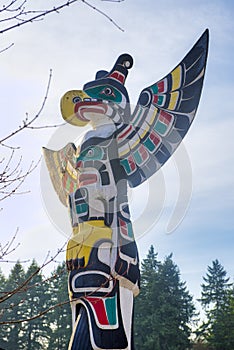 Ancient colorful Totem Pole in Duncan, British Columbia, Canada.