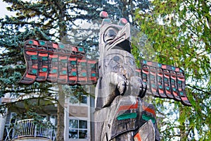 Ancient colorful Totem Pole in Duncan, British Columbia, Canada.