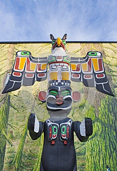 Ancient colorful Totem Pole in Duncan, British Columbia, Canada.