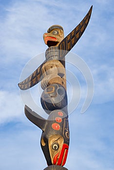 Ancient colorful Totem Pole in Duncan, British Columbia, Canada.