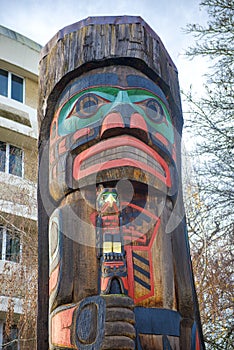 Ancient colorful Totem Pole in Duncan, British Columbia, Canada.