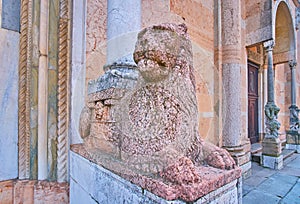 The ancient column base of Piacenza Cathedral, Italy
