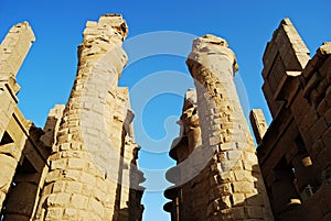 Ancient column, obelisk and pillar in Temple of Karnak. Egypt