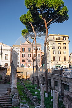 Ancient column ruins surrounded by modern streets in Rome, Italy