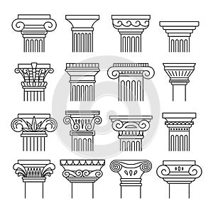 Ancient Columns Black Thin Line Icon Set. Vector