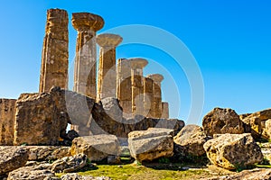 Ancient Columns building Architecture Of ruins of Greek Temple in Sicily