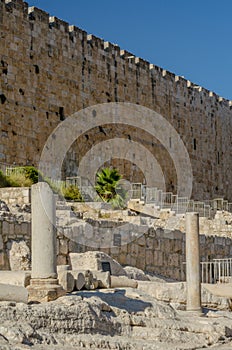 Ancient columns and Huldah Gates on the southern steps of the Temple Mount in the Old City of Jerusalem, Israel