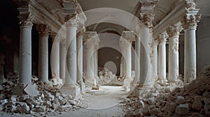Ancient Columns in Ruined Hallway