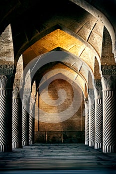 Ancient columns of the Vakil Mosque in Shiraz. Ancient monument of architecture of Iran.