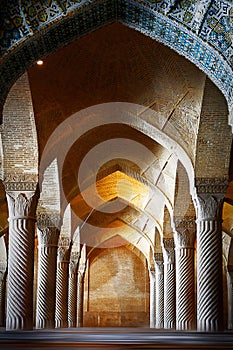 Ancient columns of the Vakil Mosque in Shiraz. Ancient monument of architecture of Iran.