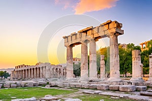 Ancient construction in Athens, Ancient Agora of Athens in Greece beautiful sunset.