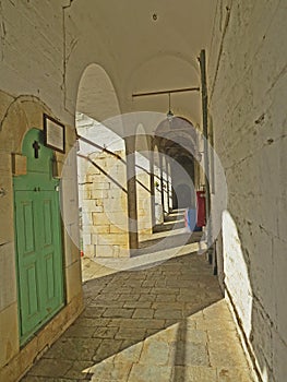 Ancient corridor of a monastery in holy Mount Athos Greece