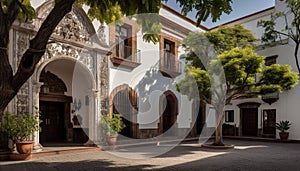 Ancient courtyard with old arches, tree, and Christian chapel generated by AI