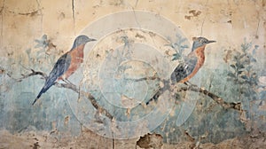 Ancient cracked painting of birds, damaged fresco of animals on old plaster wall. Vintage artifact of past civilization. Theme of