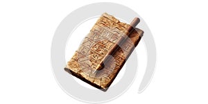 Ancient Cuneiform Tablet With Stylus. Historical Writing And Communication Artifact Isolated On Transparent Background