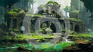 Ancient Deconstructivist Architecture Painting In Andreas Rocha Style photo