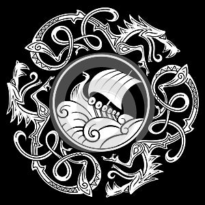 Ancient decorative dragon in celtic style, scandinavian knot-work illustration, and Viking ship Drakkar