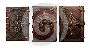 ancient decorative leather book cover. collection of old books. Isolated transparent PNG file.