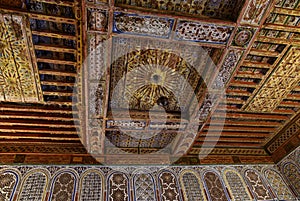 Ancient decorative wooden carved ceilings Marrakesh Morocco