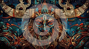 Ancient Deity, Ornate Mask, Intricate Designs, Mythological Figure, Symbolic Artwork, Detailed Portrait, Cultural H photo