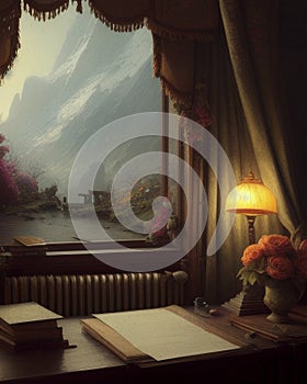 Ancient desk and window, vintage atmosphere and splendid view