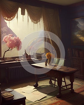 Ancient desk and window, vintage atmosphere and splendid view