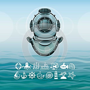 Ancient diving helmet. Set of sea icons.