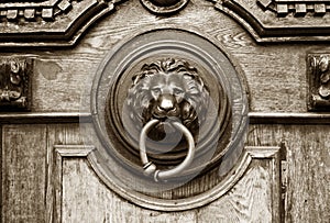 An ancient door handle with metal lion head in Tbilisi, Georgia