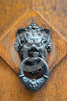 Ancient door knocker on a wooden door in Florence