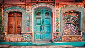 Ancient doorway entrance, ornate wood arch, vibrant multi colored decoration generated by AI