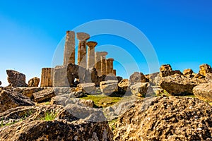 Ancient Doric Columns building Architecture Of ruins of Greek Temple in Sicily