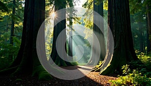 Ancient Douglas fir trees, Cathedral Grove s majesty , sunlight, evergreen, travel photo