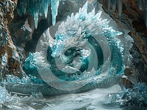 Ancient dragon curled around a crystal cavern