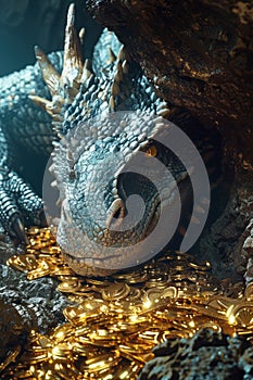 Ancient dragon hoarding gold, dim cave, closeup, treasure gleam, highdefinition render , hyper realistic