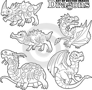 Ancient dragons, coloring book, set of funny images