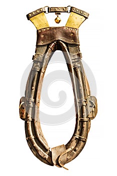 Ancient Dutch leather ornamental horse harness isolated on a white background