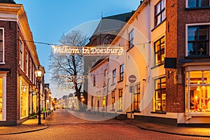 Ancient Dutch street with christmas decoration in Doesburg