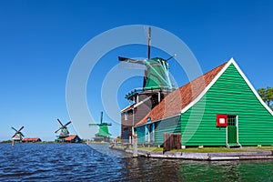 Ancient Dutch wooden windmills at the Zaanse Schans