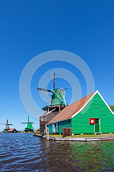 Ancient Dutch wooden windmills at the Zaanse Schans