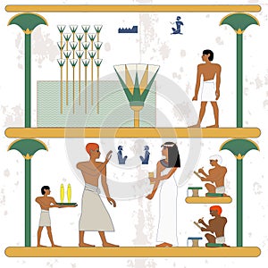 Ancient egypt background. Egypt man walking along marsh. Rich people feast. Historical background.Ancient people