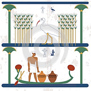 Ancient egypt background. A man carries vessels on the boat. Ciconia walks through the marshes with canes. Historical