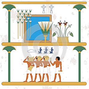 Ancient egypt background. Oasis. Cane and water composition. Egypt builders composition. Historical background. Ancient